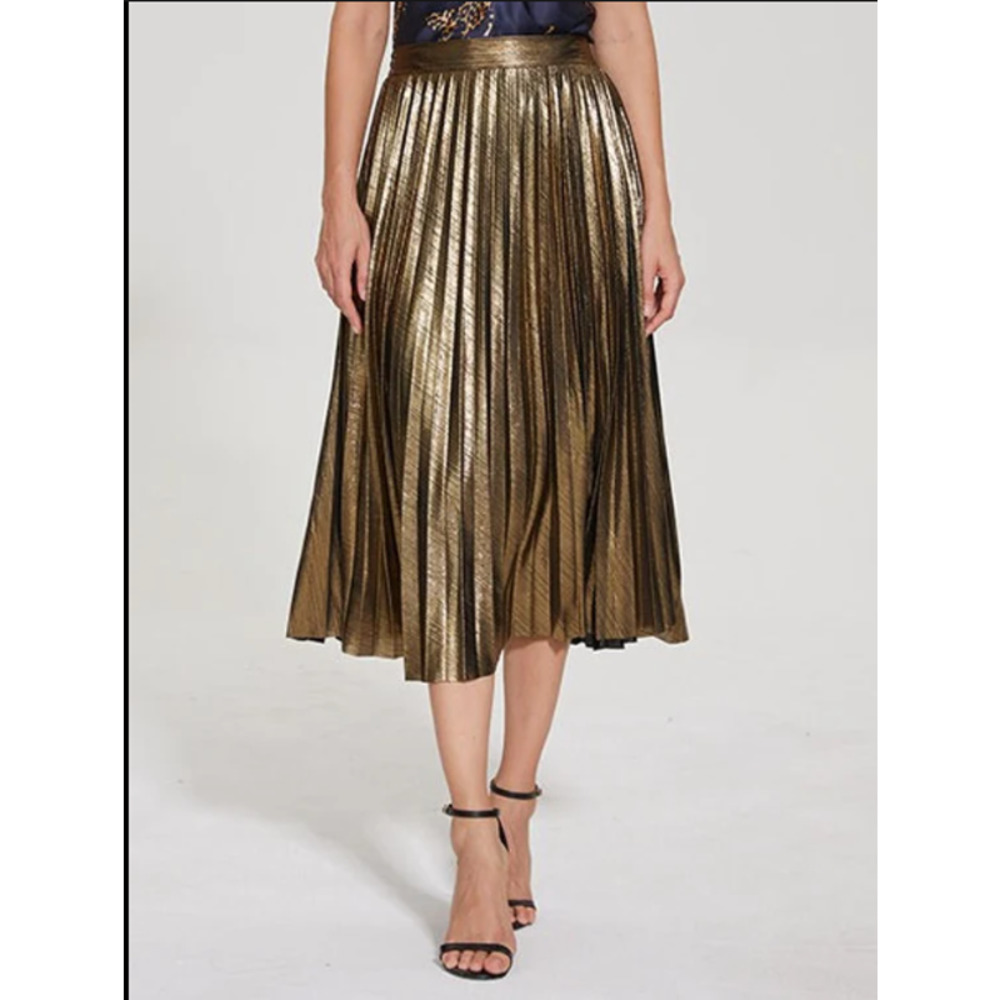 Per Se Womens Gold Metallic Accordion Pleat Midi Skirt Size 2 Shimmer